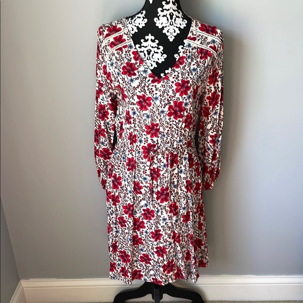 Floral V-Neck Dress - Red and White
